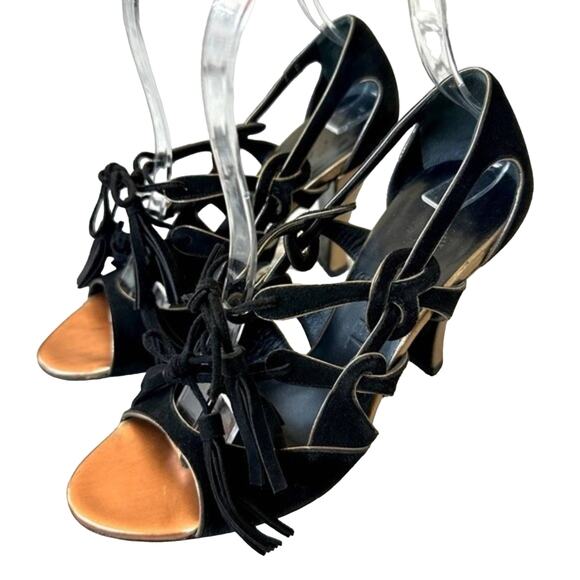 CHANEL Black Suede Tassel Lace Open Toe Heel Sandal IT 36 - Picture 7 of 14